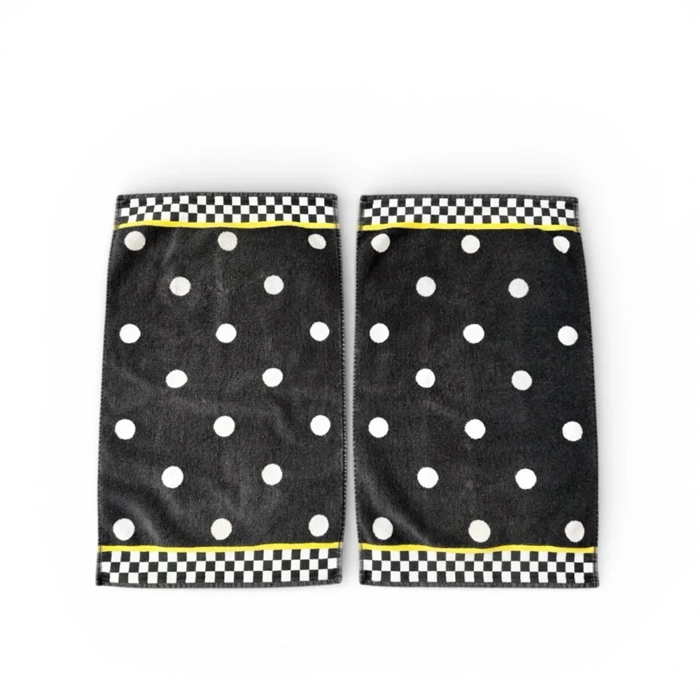 Set of 2‎ MacKenzie Childs Courtly Check Dotty Black White Cotton Hand Towels